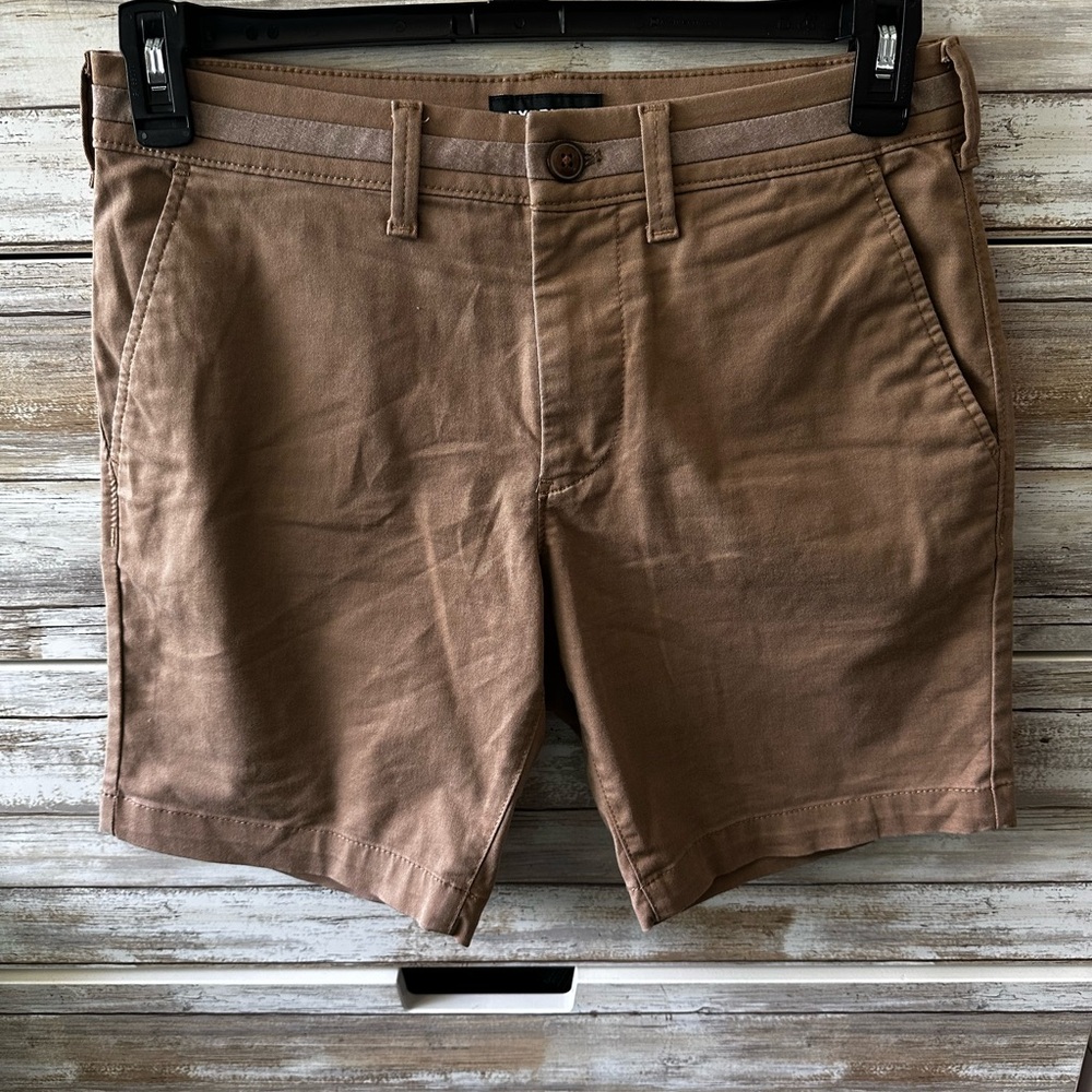 👖 Express 365 Comfort Hyper Stretch Slim Shorts Men’s 28 Tan 8” Inseam